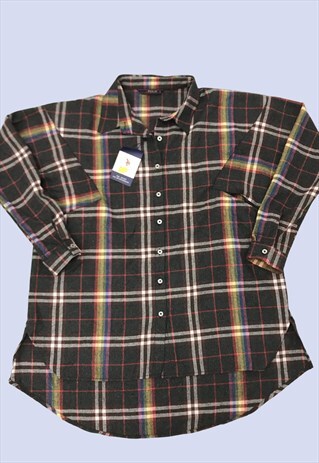 grey shirt with rainbow stripe