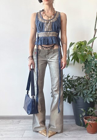 VINTAGE Y2K 00'S BLUE SUMMER EMBELLISHED TANK TOP