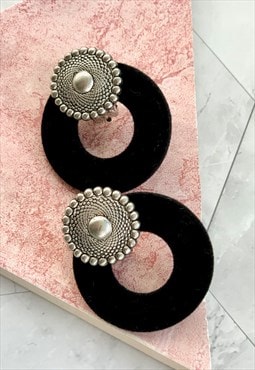 90s Silver & Black Decorative Earrings Vintage Jewellery 