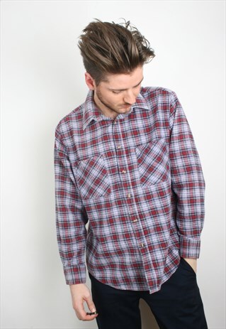 VINTAGE RED GREY CHECK COTTON FLANNEL SHIRT