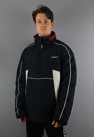 VINTAGE REEBOK 1/4 ZIP PUFFER JACKET IN NAVY WITH LOGO AND F