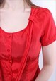 90S RED TIE COLLAR TOP, VINTAGE OFFICE STYLE CUTE BLOUSE