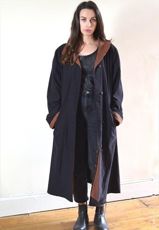 1990S VINTAGE BLACK & BROWN WOOL TRIM LONG JACKET