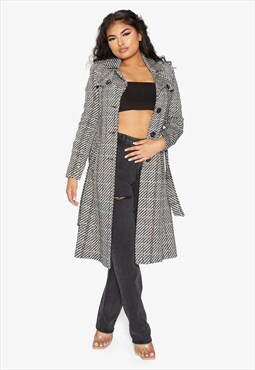 Wool Blend Check Military Duster Coat In Black/White 