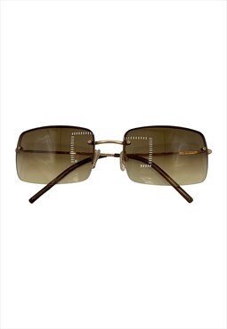 Gucci Sunglasses Rimless Rectangle Brown Gold Tinted Logo 