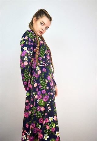 70S VINTAGE FLOWER PRINTED MIDI DRESS