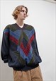 Vintage 80s Oversized Geometric Textured Knit Jumper Men XL