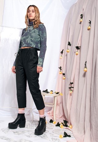 VINTAGE LEATHER TROUSERS 80S RAW BLACK CROPPED PANTS