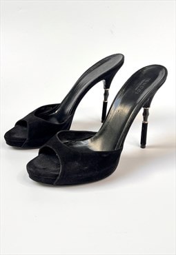 Gucci Mules Heels Stiletto Black Suede Bamboo Open Toe High 