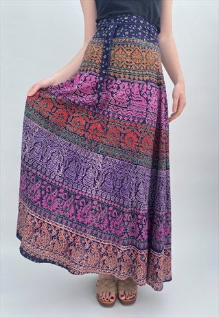 70's Vintage Wrap Tie Up Skirt Indian Cotton Purple Maxi