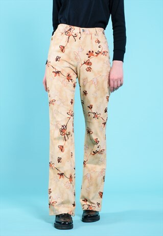 VINTAGE YELLOW FLORAL RETRO DENIM FLARE JEANS