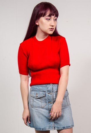 VINTAGE 70'S RED KNIT RIBBED HIGH NECK TOP