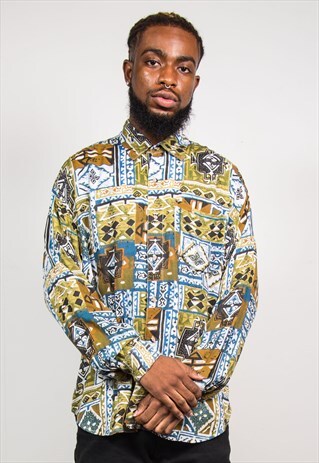 VINTAGE 90'S MULTICOLOUR ABSTRACT PATTERN LONG SLEEVE SHIRT