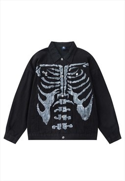 Bones print denim jacket skeleton ribs jean bomber in black