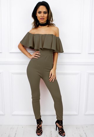 KHAKI BARDOT OFF SHOULDER FRILL RUFFLE SKINNY JUMPSUIT