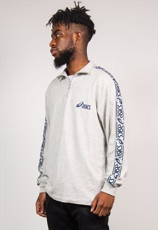 90'S VINTAGE ASICS GREY TAPE SLEEVE QUARTER ZIP SWEATSHIRT
