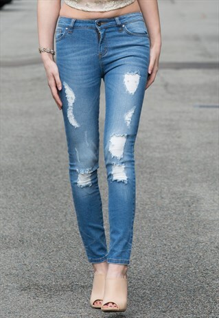 DISTRESS LIGHT STRETCH DENIM SKINNY JEANS