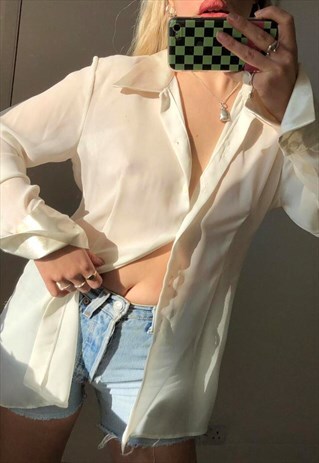 VINTAGE 90S CREAM LOOSE FITTED BLOUSE SHIRT WITH SATIN CUFF
