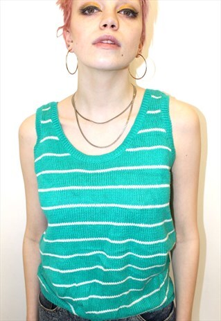 90S VINTAGE TEAL WHITE STRIPE KNITTED OVERSIZED TANK TOP