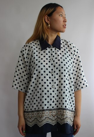 VINTAGE WHITE NAVY POLKA DOTS SHIRT SAILOR STYLE BLOUSE