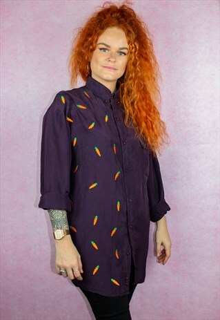 CARROT EMBROIDERED DARK PURPLE VINTAGE SILK SHIRT