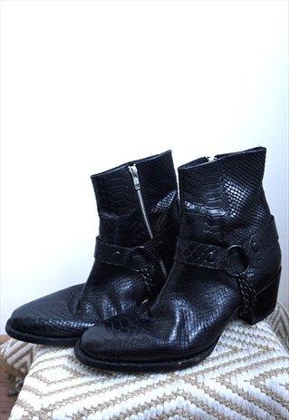 Vintage Black Genuine Leather Biker Boots Shoes Cowboy boots