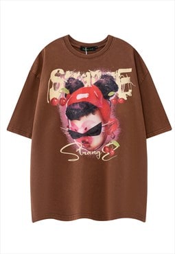 Strange anime t-shirt grunge kidcore tee raver top in brown