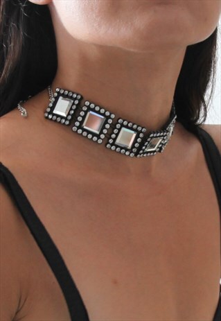 DEADSTOCK 90'S MIRRORS/CRYSTALS BLACK PLASTIC CHOKER NECKLAC