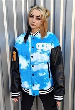 Clouds varsity bomber sky print baseball jacket in blue