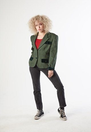 80S VINTAGE GREEN TWEED BLAZER WITH VELVET