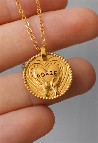 GOLD PERSONALISED NAME COIN HEART NECKLACE HANDMADE