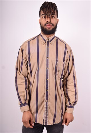 NAUTICA MENS VINTAGE SHIRT MEDIUM BEIGE STRIPES 90'S