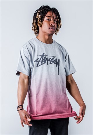 VINTAGE Y2K STUSSY T-SHIRT IN GREY AND RED GRADIENT