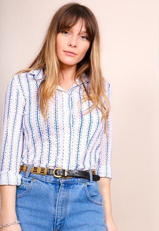 VINTAGE 70S ABSTRACT STRIPE PRINT LONG SLEEVE BLOUSE