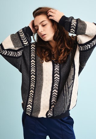 90'S RETRO STRIPED PATTERN JAZZY OVERSIZED DADS KNIT JUMPER