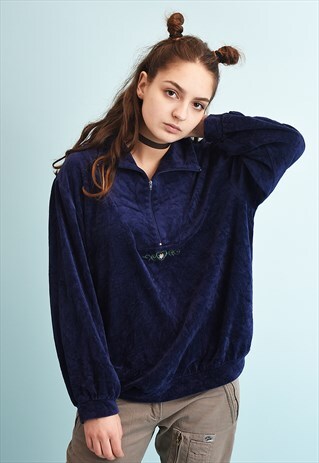 90'S RETRO ATHLEISURE NAVY VELVET SWEATSHIRT JUMPER
