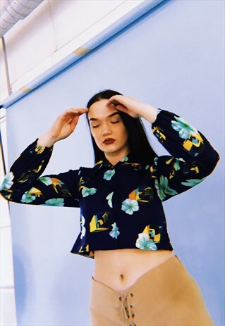 70'S RETRO BOHO MOD FLORAL JAZZY CROP TOP SHIRT