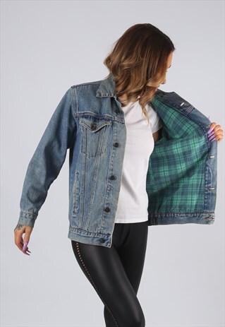 VINTAGE DENIM JACKET TARTAN CHECKED LINED UK 10 (BEAH)