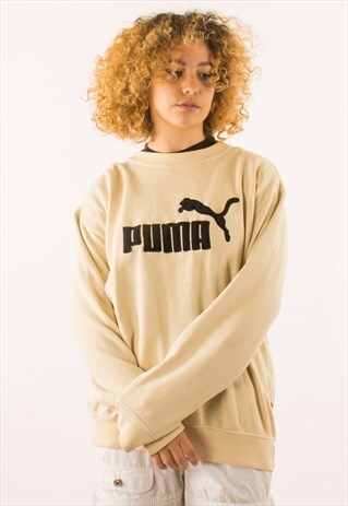 VINTAGE 90S BEIGE PUMA CREWNECK SWEATSHIRT, EMBROIDERED LOGO