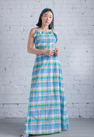 REVIVAL VINTAGE 70S BRIGHT PASTEL SUMMER PLAID MAXI DRESS
