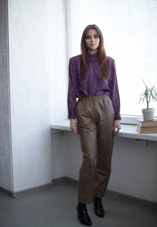 VINTAGE 80'S BROWN LEATHER HIGH WISTED TROUSERS