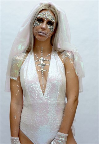 HALLOWEEN DEAD BRIDE WHITE SEQUIN V NECK BODYSUIT