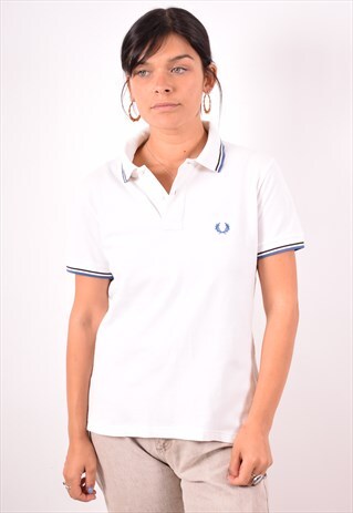 FRED PERRY WOMENS VINTAGE POLO SHIRT MEDIUM WHITE 90S