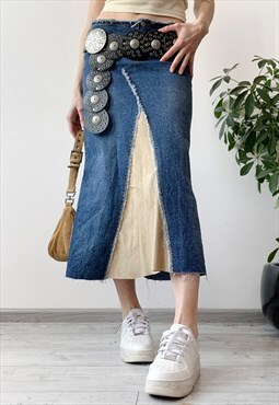 Vintage Y2K 00's Navy Blue Denim Boho Long Maxi Skirt