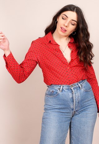 VINTAGE 70S RED BEE PRINT BLOUSE