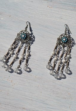 Deadstock blue/white/clear/silver tone beaded long earrings