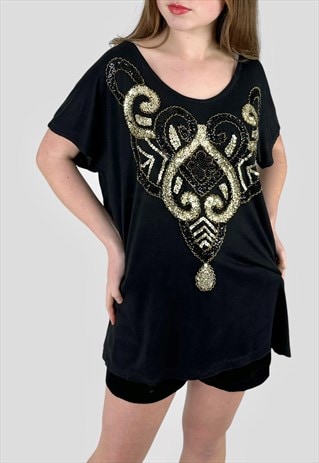 80'S VINTAGE BLACK EMBELLISHED SEQUIN COTTON OVERSIZED TOP