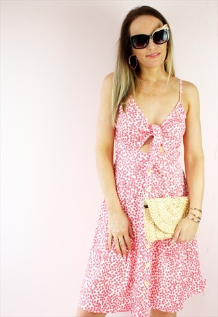 RED & WHITE FLORAL FRONT TIE DAY SUMMER BEACH DRESS