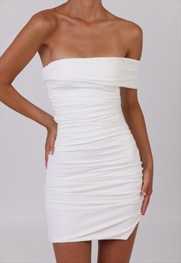 Mini dress with one sleeve in white