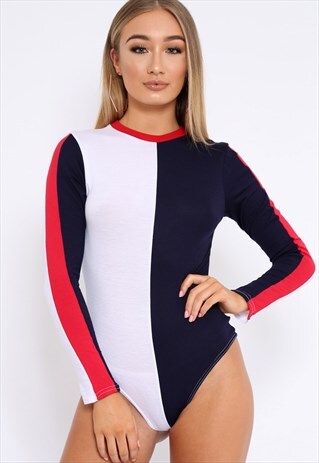 NAVY AND WHITE CONTRAST LONG SLEEVED BODYSUIT - LAREEN